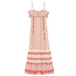 DODO BAR OR Cute Tan & Red Striped Polka Dot Ruffle Fringe Maxi Sun Dress S